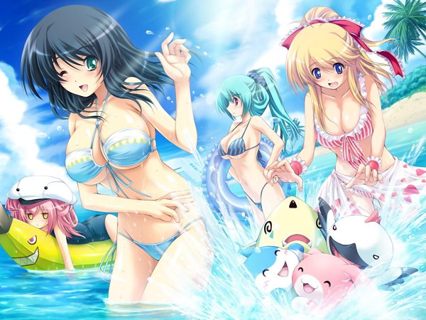 Anime picture 1200x900 with blush short hair breasts blue eyes light erotic blonde hair red eyes yellow eyes game cg ponytail aqua eyes aqua hair swimsuit hat bikini one-piece swimsuit school swimsuit inflatable toy duck banana boat