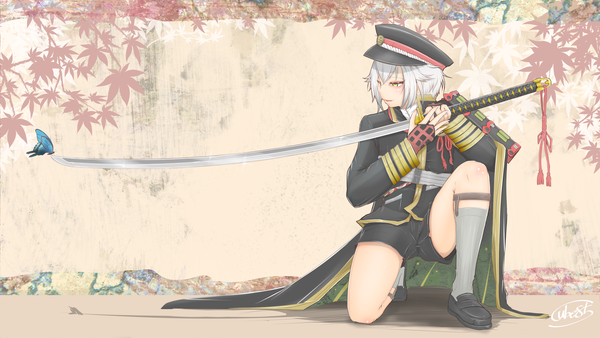 Anime picture 2984x1681 with touken ranbu nitroplus hotarumaru cube85 single looking at viewer highres open mouth smile wide image green eyes signed silver hair kneeling boy weapon hat sword socks shorts