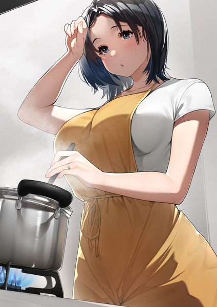 Anime picture 2127x3009 with original sakura no tomoru hi e single tall image blush fringe highres short hair breasts blue eyes black hair large breasts standing holding looking back arm up short sleeves sweatdrop hand on head steam