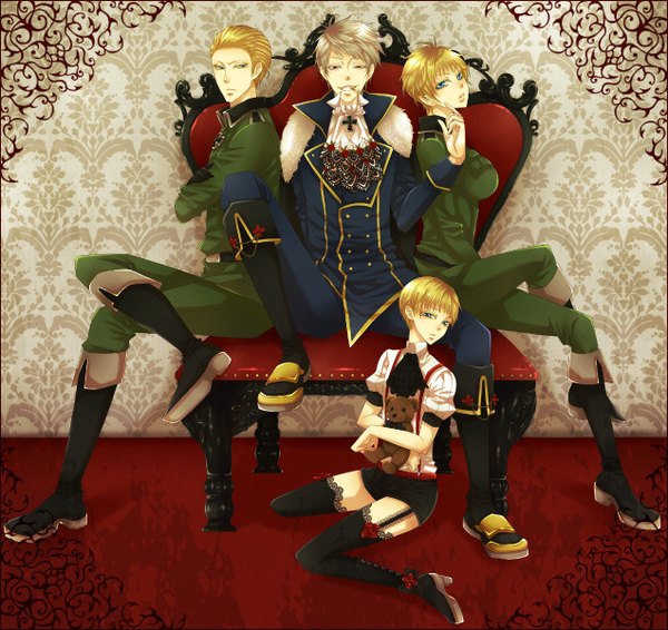 Anime picture 1272x1200 with axis powers hetalia studio deen prussia (hetalia) germany (hetalia) short hair blue eyes blonde hair red eyes sitting hug mouth hold group crossed arms girl thighhighs boy uniform flower (flowers) black thighhighs shorts