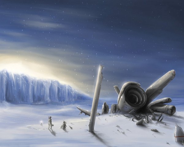 Anime picture 1280x1024 with sky snowing winter snow ruins crash aircraft people airplane