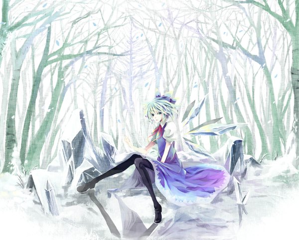Anime picture 1217x977 with touhou cirno nako (nonrain) short hair blue eyes sitting aqua hair winter girl bow plant (plants) hair bow wings tree (trees) ice