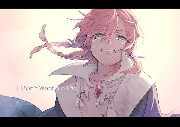 Anime picture 3817x2700 with magi the labyrinth of magic a-1 pictures titus alexius sonomura single looking at viewer highres short hair simple background white background green eyes pink hair absurdres braid (braids) inscription tears crying clenched teeth boy earrings