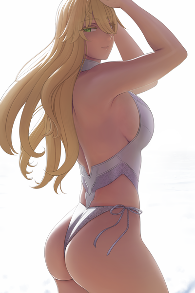 Anime-Bild 1000x1500 mit fate (series) fate/grand order artoria pendragon (all) artoria pendragon (swimsuit ruler) (fate) artoria pendragon (swimsuit ruler) (second ascension) (fate) lvl (sentrythe2310) single long hair tall image looking at viewer fringe breasts light erotic simple background blonde hair hair between eyes large breasts standing white background green eyes