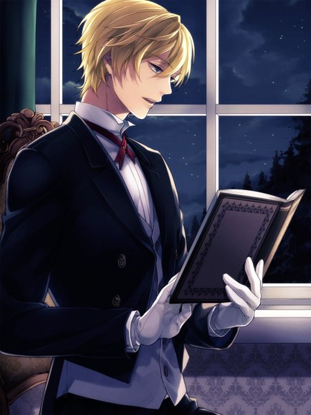Anime picture 800x1067 with original katase waka single tall image short hair open mouth blue eyes blonde hair sitting holding cloud (clouds) indoors profile night night sky looking down reading boy gloves shirt