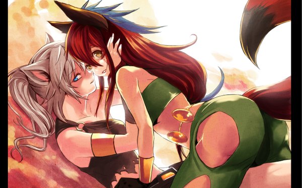 Anime picture 2560x1600 with original long hair highres blue eyes light erotic wide image twintails bare shoulders multiple girls animal ears red hair tail animal tail grey hair fox girl shoujo ai girl 2 girls bracelet