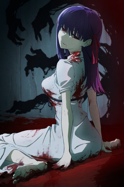 Anime picture 1163x1744 with fate (series) fate/stay night heaven's feel matou sakura ichi yoshida single long hair tall image looking at viewer fringe breasts red eyes sitting purple hair indoors looking back barefoot arm support shadow wariza