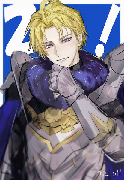 Anime picture 1419x2057 with fire emblem fire emblem: three houses fire emblem warriors: three hopes nintendo dimitri alexandre blaiddyd mr (mst 011) single tall image looking at viewer short hair blue eyes simple background blonde hair smile signed upper body parted lips head tilt fur trim blue background