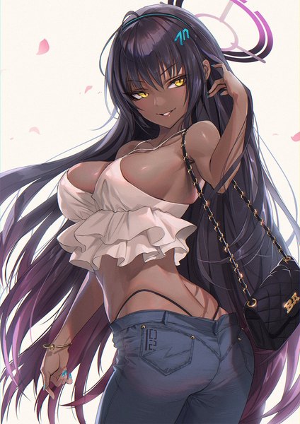 Anime-Bild 1131x1600 mit blue archive karin (blue archive) mhk (mechamania) single long hair tall image blush fringe breasts light erotic black hair simple background smile hair between eyes large breasts standing bare shoulders yellow eyes looking away ahoge