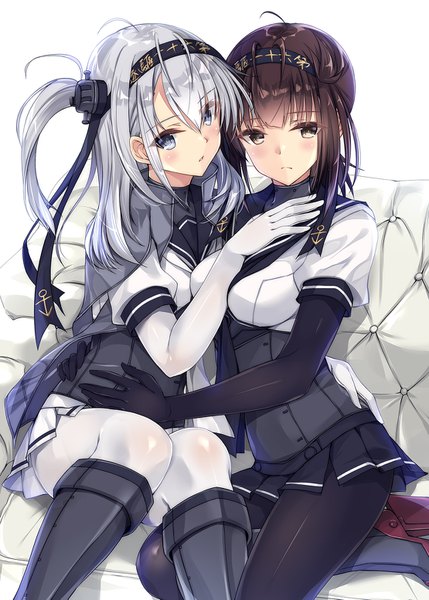 Anime picture 1110x1553 with kantai collection hatsuzuki destroyer suzutsuki (kancolle) kobayashi chisato long hair tall image looking at viewer blush fringe short hair blue eyes simple background hair between eyes brown hair white background sitting multiple girls brown eyes silver hair ahoge