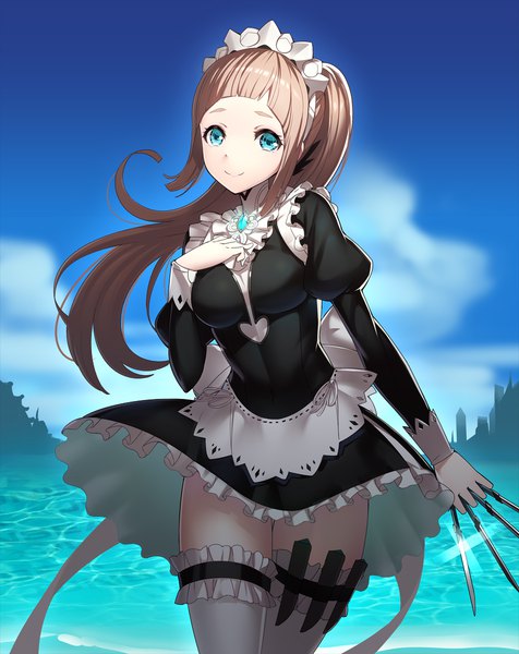 Anime picture 900x1133 with fire emblem fire emblem fates nintendo felicia (fire emblem) ririko (zhuoyandesailaer) single long hair tall image blush fringe breasts blue eyes brown hair standing holding sky cloud (clouds) ponytail blunt bangs long sleeves