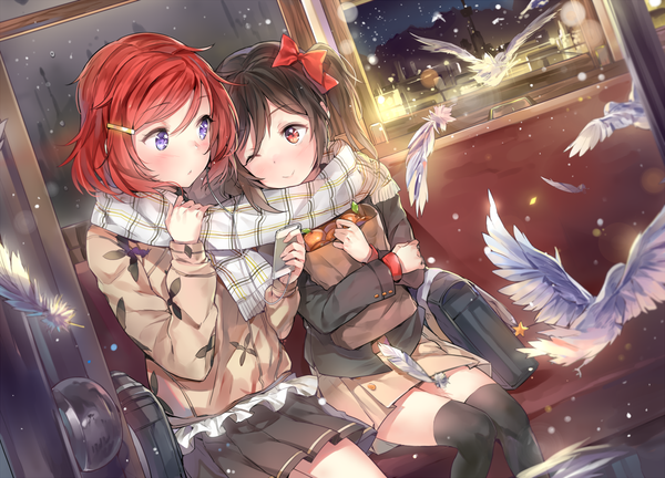 Anime picture 1282x925 with love live! school idol project sunrise (studio) love live! nishikino maki yazawa nico yuran (cozyquilt) long hair blush short hair black hair red eyes sitting purple eyes twintails multiple girls holding red hair one eye closed wink dutch angle