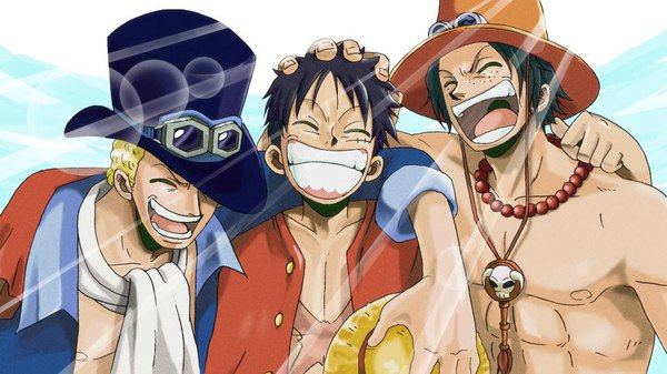 Anime picture 985x554 with one piece toei animation monkey d. luffy portgas d. ace sabo (one piece) kyakya short hair open mouth black hair blonde hair smile wide image eyes closed :d sunlight multiple boys open shirt hug grin happy