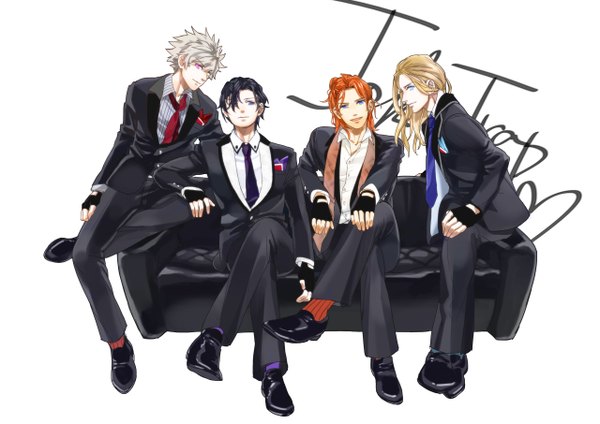 Anime picture 2560x1810 with uta no prince-sama a-1 pictures jinguji ren ichinose tokiya kurosaki ranmaru camus tagme (artist) long hair looking at viewer highres short hair open mouth blue eyes black hair simple background blonde hair white background sitting purple eyes looking away