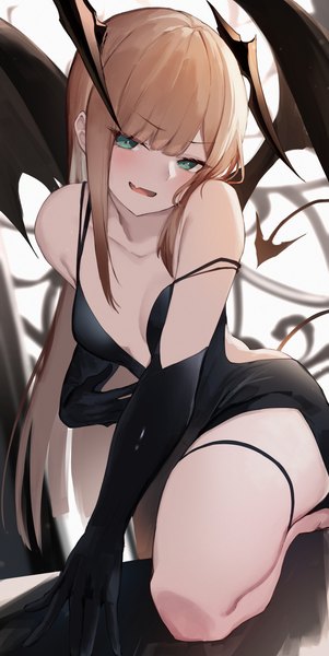 Anime picture 1756x3503 with fate (series) lord el-melloi ii case files reines el-melloi archisorte yuuuuu single long hair tall image looking at viewer blush fringe highres breasts open mouth light erotic blonde hair smile bare shoulders green eyes cleavage bent knee (knees)