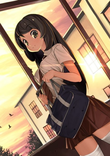 Anime picture 600x849 with original domo1220 single long hair tall image looking at viewer blush breasts black hair smile standing holding brown eyes sky pleated skirt sunlight evening sunset flying sunbeam