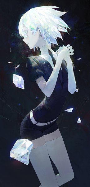 Anime picture 1500x3105 with houseki no kuni diamond (houseki no kuni) modare single tall image looking at viewer short hair looking away silver hair profile looking back zettai ryouiki silver eyes androgynous thighhighs gloves uniform white thighhighs necktie elbow gloves