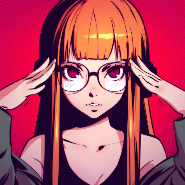 Anime picture 1080x1080 with persona 5 persona sakura futaba ilya kuvshinov single long hair looking at viewer fringe open mouth bare shoulders upper body blunt bangs long sleeves pink eyes light smile lips orange hair open clothes portrait pink background