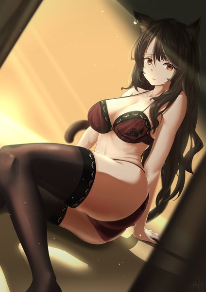 Anime picture 868x1228 with arknights skyfire (arknights) nev (nevblindarts) single long hair tall image fringe breasts light erotic black hair hair between eyes large breasts sitting brown eyes signed animal ears payot ass indoors tail