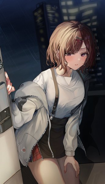 Anime picture 2429x4236 with idolmaster idolmaster shiny colors higuchi madoka rosu 1109 single tall image highres short hair brown hair purple eyes sky nail polish night open jacket wet leaning leaning forward night sky rain wet clothes