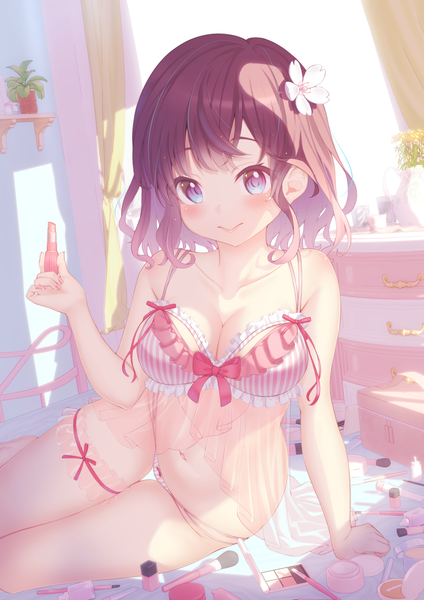 Anime picture 1736x2456 with original moe2021 akausuko single tall image looking at viewer blush fringe highres short hair breasts light erotic brown hair large breasts sitting purple eyes holding payot cleavage indoors