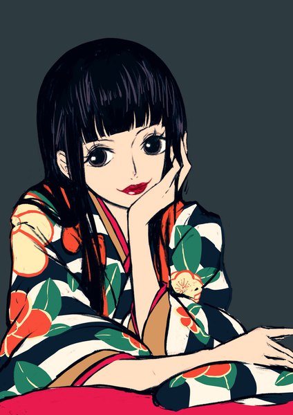 Anime picture 1448x2048 with one piece toei animation kikunojo (one piece) sherumaru (korcht06) single long hair tall image looking at viewer fringe black hair simple background smile upper body blunt bangs traditional clothes japanese clothes lips black eyes lipstick floral print