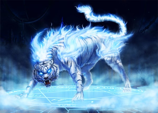 Anime-Bild 1665x1199 mit ytishie magic glowing glowing eye (eyes) animal fire wire (wires) magic circle tiger white tiger