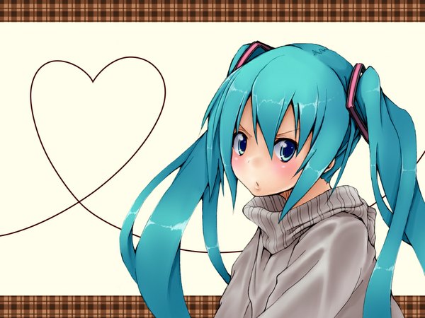 Anime picture 1024x768 with vocaloid hatsune miku tagme (artist) single long hair looking at viewer blush fringe blue eyes simple background white background twintails upper body parted lips aqua hair plaid heart of string girl hair ornament heart