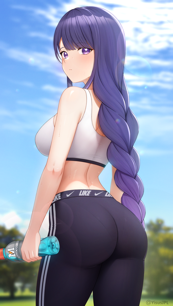 Anime picture 1162x2048 with genshin impact nike raiden shogun yisusjpl single long hair tall image looking at viewer blush fringe breasts light erotic standing purple eyes holding sky purple hair cloud (clouds) outdoors ass