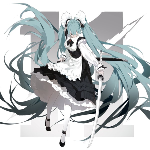 Anime picture 831x831 with vocaloid hatsune miku nine (liuyuhao1992) single fringe simple background hair between eyes white background twintails holding full body eyes closed very long hair aqua hair maid floating hair frilled dress girl thighhighs dress