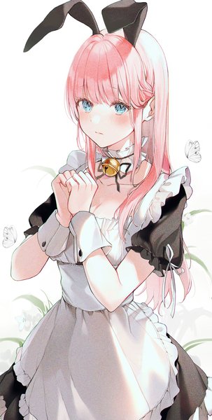 Anime picture 1927x3812 with original 2sham single long hair tall image looking at viewer blush fringe highres breasts blue eyes simple background standing white background animal ears payot pink hair cleavage blunt bangs short sleeves