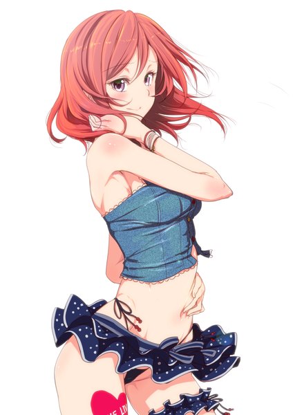 Anime picture 867x1227 with love live! school idol project sunrise (studio) love live! nishikino maki clearite single tall image looking at viewer blush short hair light erotic simple background smile white background purple eyes bare shoulders red hair bare belly armpit (armpits) midriff