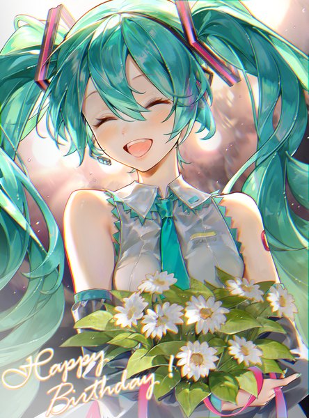 Anime picture 2022x2734 with vocaloid hatsune miku arrrrrry1 single long hair tall image looking at viewer blush fringe highres open mouth smile hair between eyes twintails bare shoulders upper body eyes closed aqua hair tattoo happy