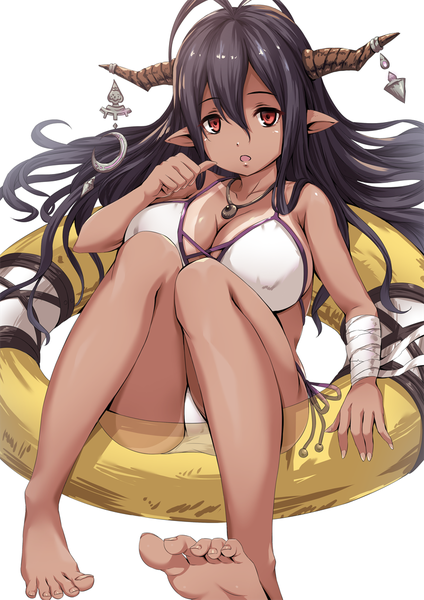 Anime picture 800x1131 with granblue fantasy danua sakiyamama single long hair tall image looking at viewer fringe breasts open mouth light erotic black hair simple background hair between eyes red eyes large breasts white background sitting payot cleavage