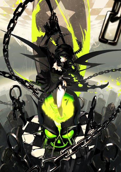Anime picture 1414x2000 with black rock shooter dead master tsunekun single tall image black hair green eyes horn (horns) torn clothes glowing checkered floor girl gloves weapon star (symbol) building (buildings) skull