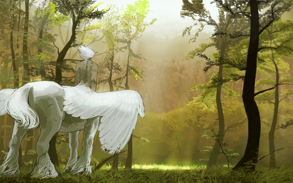 Anime picture 1600x1000 with wide image white hair nature plant (plants) wings tree (trees) grass forest centaur frostheim