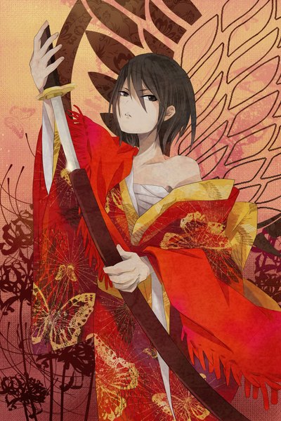 Anime picture 1500x2250 with shingeki no kyojin production i.g mikasa ackerman winni single tall image fringe short hair holding looking away traditional clothes japanese clothes black eyes off shoulder alternate costume unsheathing girl flower (flowers) weapon sword