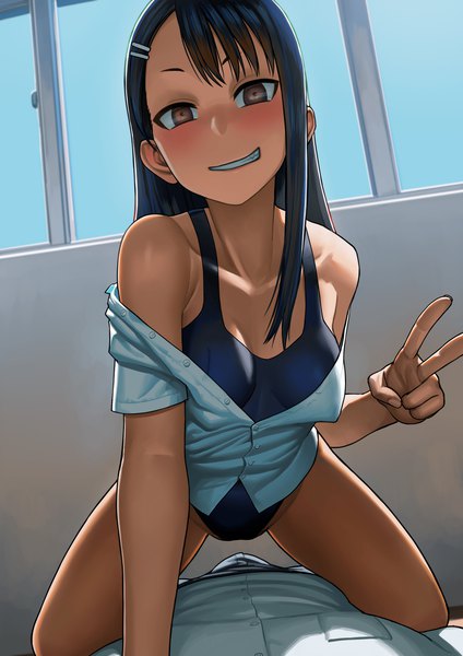 Anime picture 3035x4299 with ijiranaide nagatoro-san nagatoro hayase lasterk long hair tall image looking at viewer blush fringe highres breasts light erotic black hair smile brown eyes absurdres indoors off shoulder victory on all fours partially open clothes