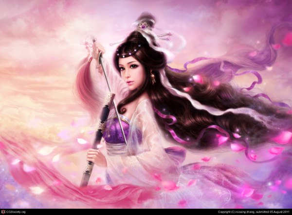Anime picture 1200x886 with ruoxing zhang (artist) single long hair brown hair brown eyes cloud (clouds) realistic 3d girl hair ornament flower (flowers) ribbon (ribbons) weapon earrings petals jewelry sheath dagger