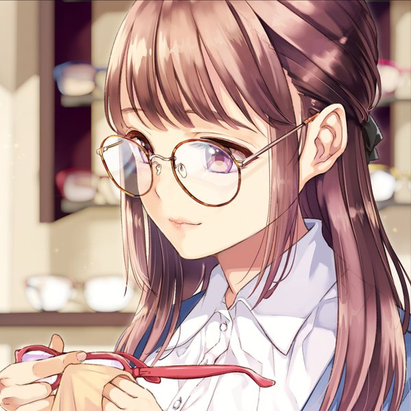 Anime picture 1240x1240 with original matsuzaki miyuki single long hair fringe brown hair purple eyes holding payot looking away blunt bangs depth of field face girl shirt glasses white shirt