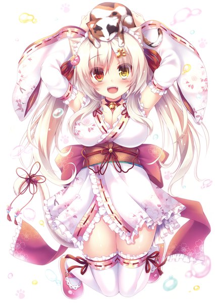 Anime picture 2342x3300 with original eshi 100-nin ten syroh single long hair tall image looking at viewer blush highres breasts open mouth light erotic large breasts white background twintails animal ears cleavage full body white hair cat ears