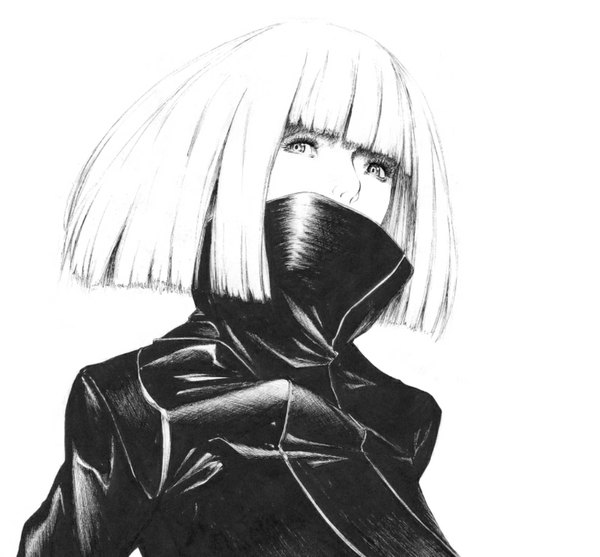 Anime picture 1024x952 with real life lady gaga sousou (sousouworks) single short hair simple background white background white hair monochrome girl cloak