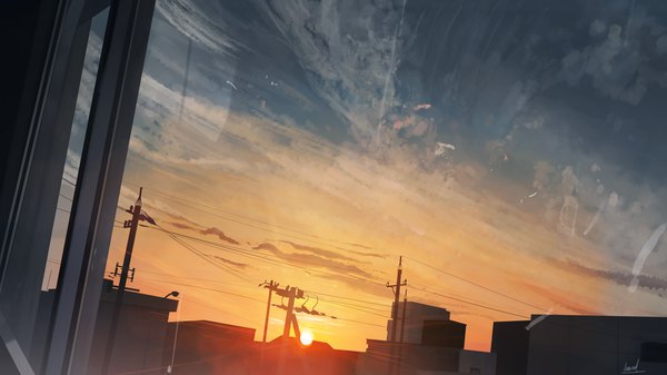 Anime picture 3840x2160 with original banishment highres wide image absurdres sky cloud (clouds) city evening sunset no people landscape window building (buildings) sun wire (wires) telephone pole
