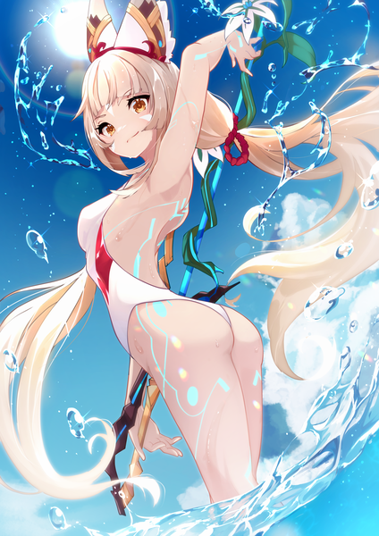 Anime picture 2894x4093 with xenoblade xenoblade 2 nia (xenoblade) nia (blade) (xenoblade) risumi (taka-fallcherryblossom) single tall image fringe highres light erotic blonde hair smile standing twintails yellow eyes sky cloud (clouds) ass blunt bangs very long hair
