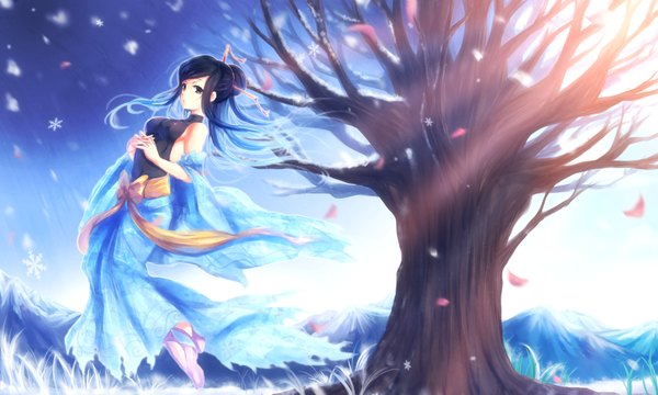 Anime picture 3367x2021 with original karo karo single long hair highres black hair wide image bare shoulders absurdres black eyes mountain girl dress plant (plants) detached sleeves petals tree (trees)