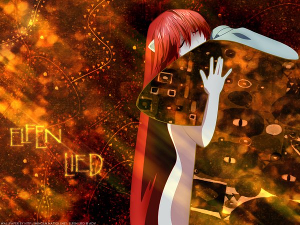 Anime picture 1280x960 with elfen lied arms corporation lucy ningen (nattoli) single long hair light erotic red hair eyes closed horn (horns) nude inscription wallpaper hug screencap redraw derivative work girl