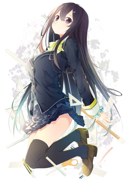 Anime picture 1000x1414 with original benio (dontsugel) single long hair tall image looking at viewer black hair white background purple eyes bent knee (knees) girl thighhighs skirt uniform black thighhighs school uniform scissors pencil eraser ruler