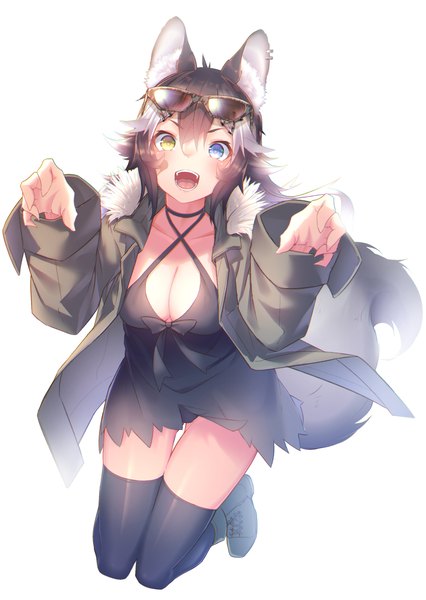 Anime picture 2480x3496 with kemono friends grey wolf (kemono friends) st.takuma single long hair tall image looking at viewer blush fringe highres breasts open mouth blue eyes light erotic black hair simple background smile hair between eyes large breasts white background