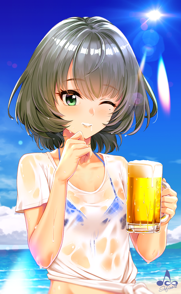 Anime picture 1000x1625 with idolmaster idolmaster cinderella girls takagaki kaede infinote single tall image looking at viewer blush fringe short hair light erotic smile brown hair holding green eyes signed sky cloud (clouds) outdoors one eye closed