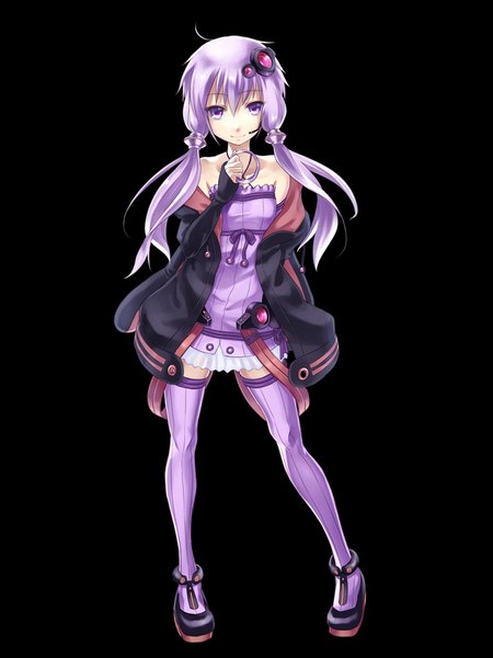 Anime picture 850x1133 with vocaloid yuzuki yukari nakasaki hydra single long hair tall image looking at viewer simple background standing purple eyes twintails bare shoulders purple hair long sleeves low twintails black background girl thighhighs dress shoes